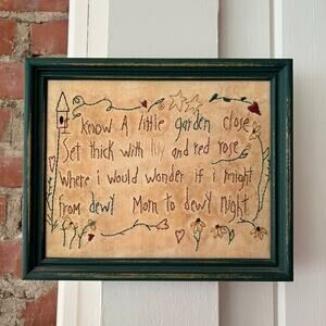 Vintage 70s Framed Embroidery Sampler Folk Art Needlework Cottage Wall Decor